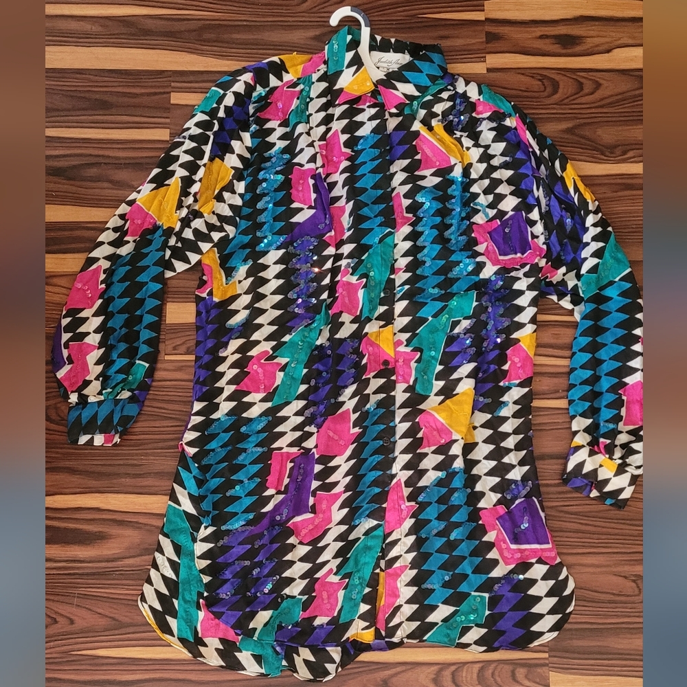 Vintage Judith Ann colorfull Silk Sequin chic avant garde oversized boho blouse